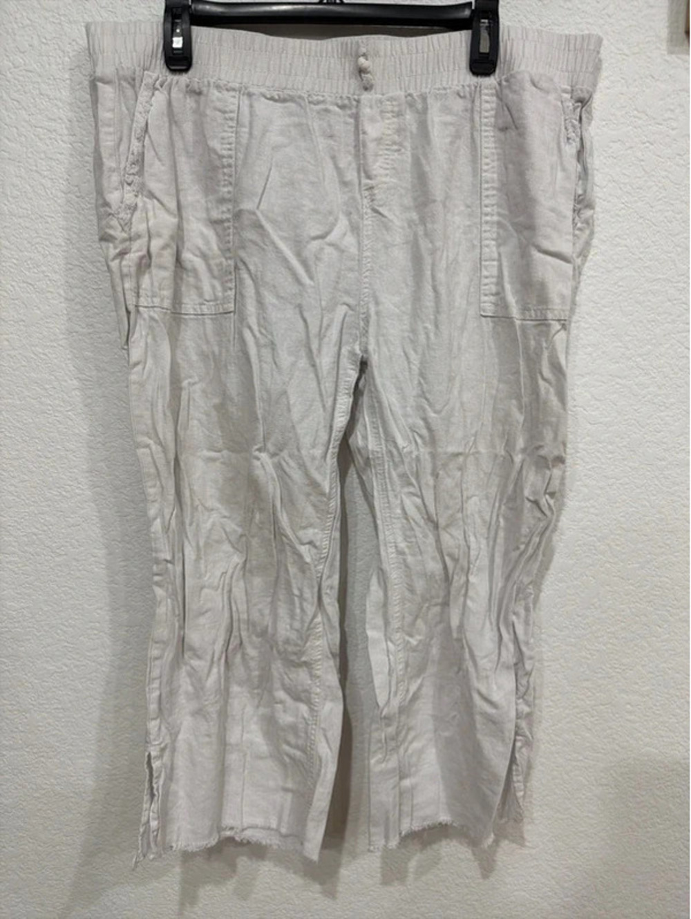 White Linen Blend Pull-On Pants Raw Hem Casual Croppe